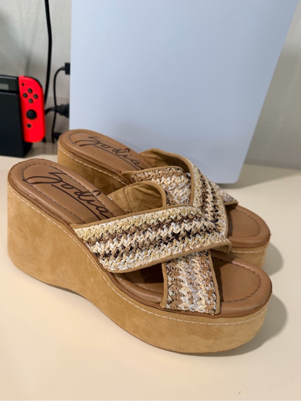 Zodiac Tan Woven Platform Slide Wedges